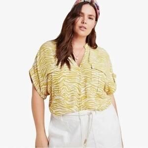 Maeve By Anthrologie Blouse Women's XL Yellow White Zebra Print Chest Pockets